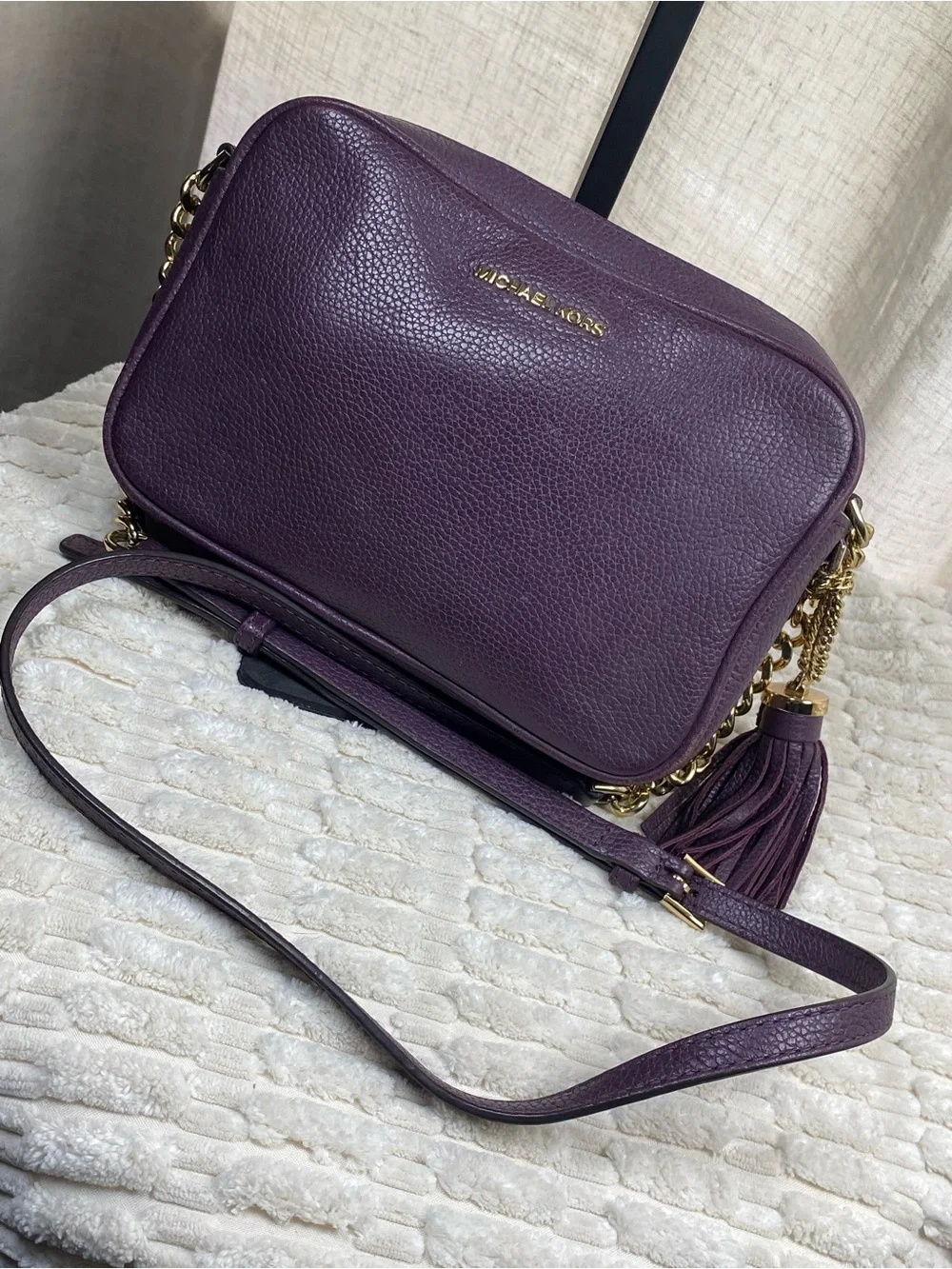 Michael Kors Ginny Camera Bag Plum Purple Pebbled Leather Crossbody Purse Tassel